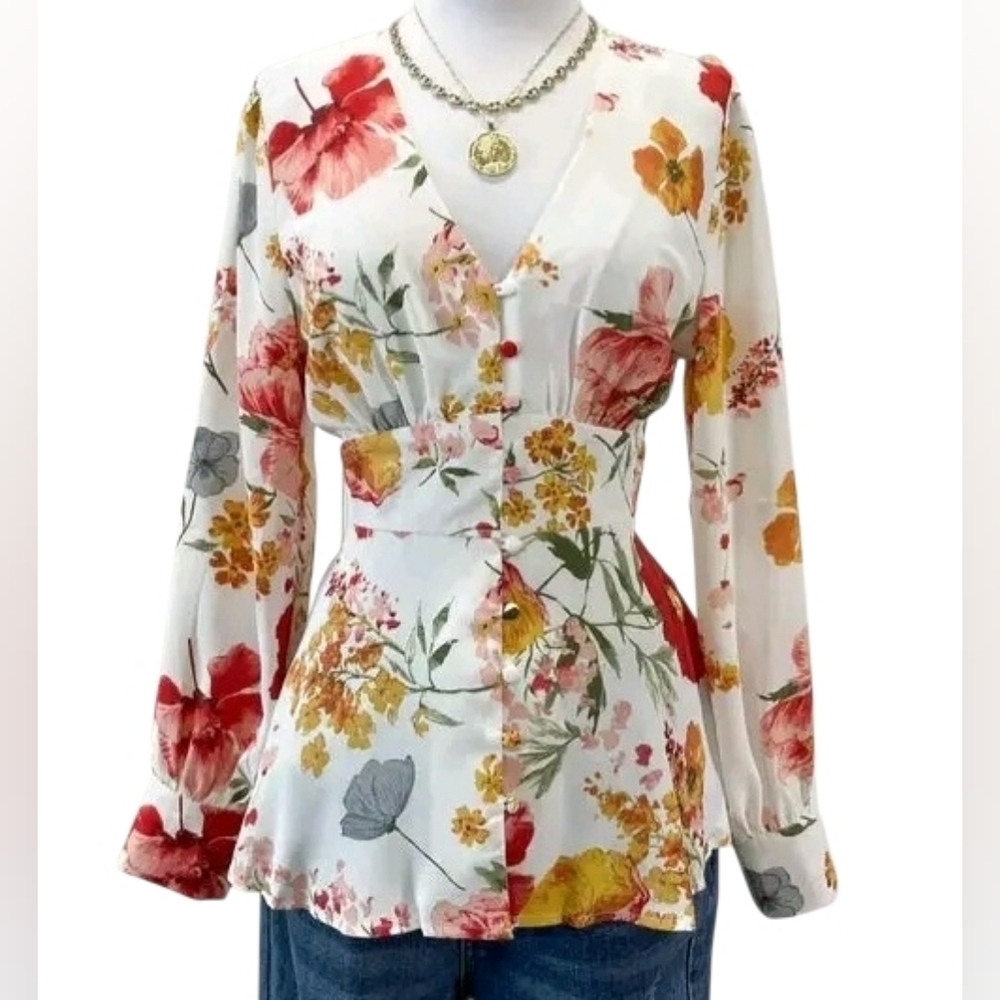 LUMIE White Floral Print Peplum Top Long Sleeve V-Neck Button Front Blouse New